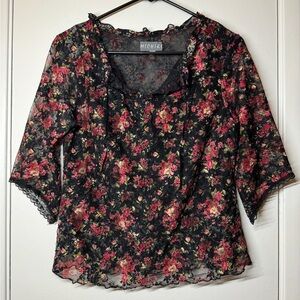 Vintage 90s Michiko Black Floral Ruffle Peasant Babydoll Fairycore Blouse Size 2